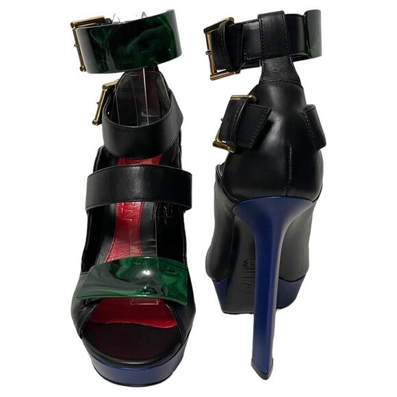 NWOB ALEXANDER MCQUEEN French Gloss Leather Marbled Plexi Platform Buckle Heels - Picture 3 of 15